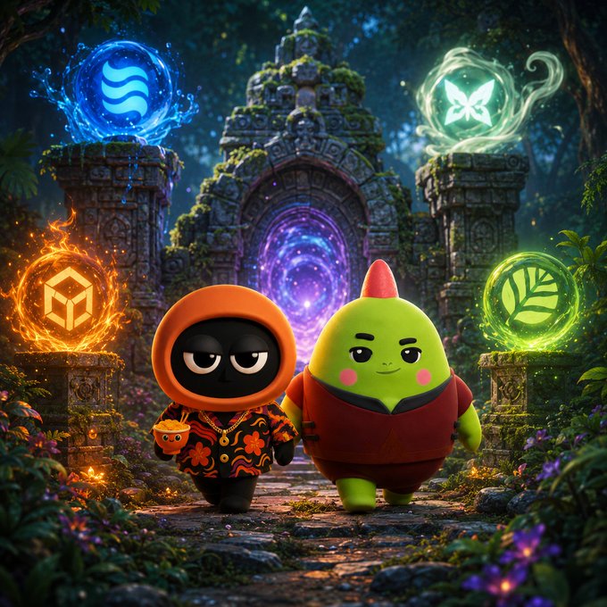 Two cartoon characters standing before a glowing mystical portal framed by ancient ruins, surrounded by elemental symbols for water, fire, earth, and air.
