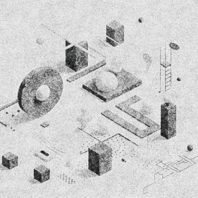 A grainy, isometric architectural sketch featuring abstract geometric shapes, including cylinders, cubes, and platforms, rendered in black and white pencil-style shading.