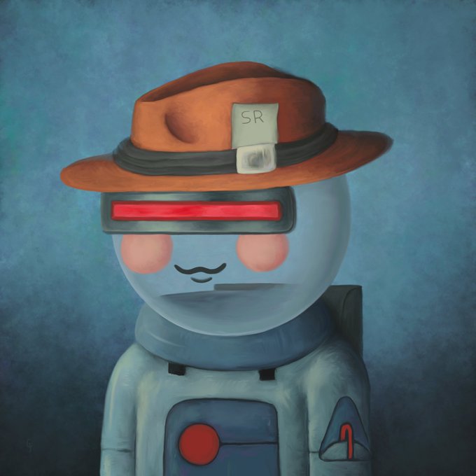 A painted-style portrait of a small robot character wearing a brown fedora hat with 'SR' written on the band, featuring a red visor, pink cheek lights, and a blue body.