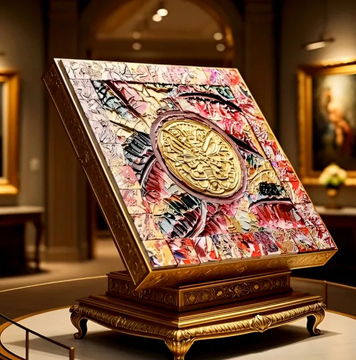 An ornate, colorful book or artifact with a golden seal displayed on an elegant stand in what appears to be a gallery setting.