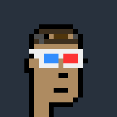 A pixel art character with a brown body wearing white 3D glasses with red and blue lenses against a dark blue background.