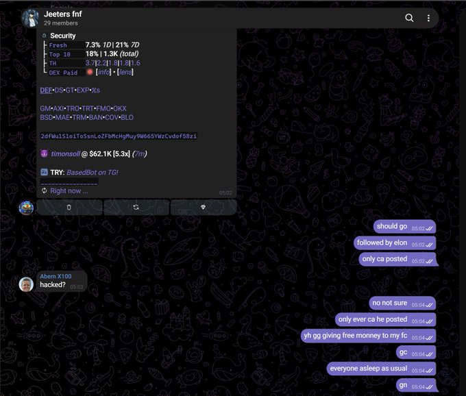Telegram chat in the 'Jeeters fnf' group showing a pinned message with token security metrics (DEX Paid ✓) for contract 2dFwu1Sio1To5snLoZfbHCgNuy9W66SVWzCvdoF58z1, alongside banter about 'elon' posting and being 'hacked'.