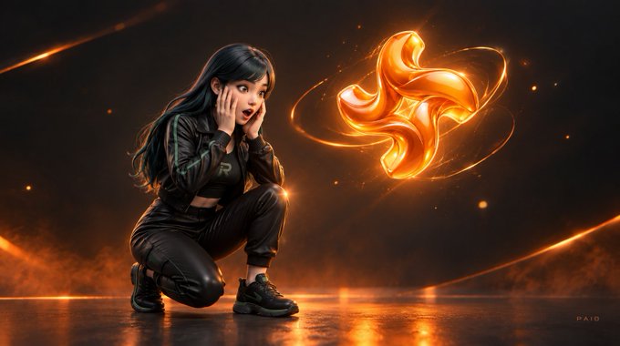 A young woman in a black tracksuit kneels in shock, hands on her cheeks, as she gazes at a glowing, swirling orange triskelion-like emblem. The image reflects the post's excitement about discovering @usepaidfun, with the radiant symbol representing the appealing opportunity to earn bounties for creating clear, rewarding Web3 content.