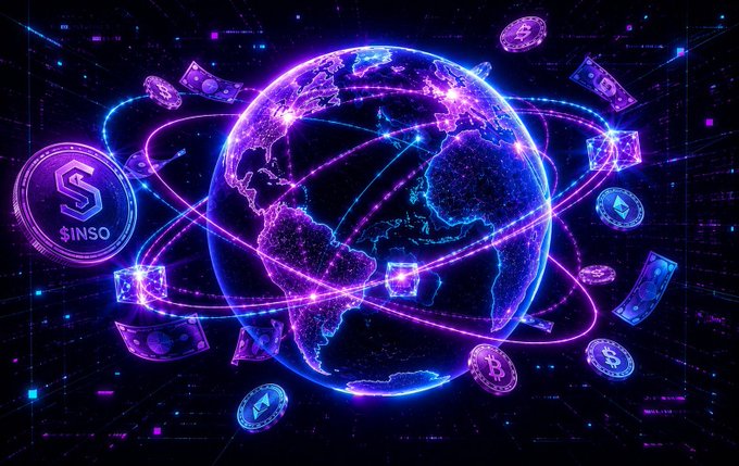 A glowing digital Earth surrounded by floating cryptocurrency symbols including "$INSO" and a Bitcoin logo, connected by neon orbital rings to represent global Web3 networks. The imagery visually reinforces the post's theme of AI-driven reputation systems across the decentralized crypto landscape.