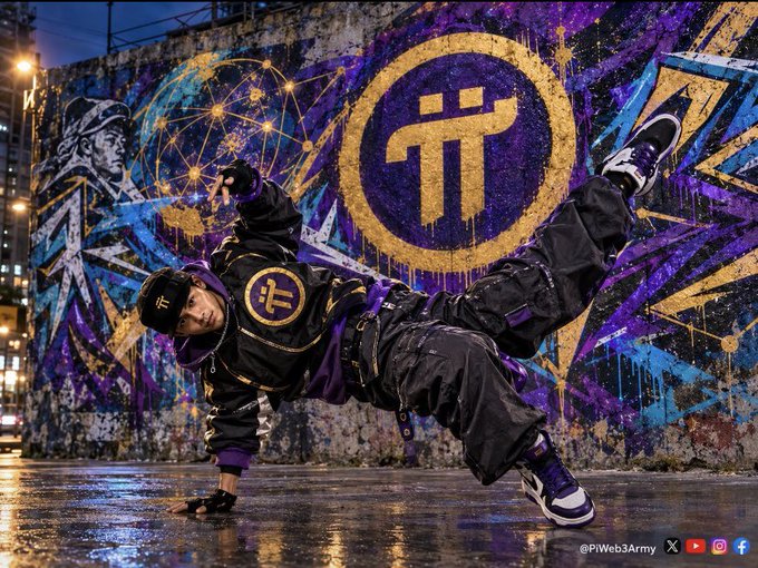 A breakdancer performing a freeze on a wet street in front of a colorful graffiti wall featuring the Pi Network (π) logo, branded with @PiWeb3Army.