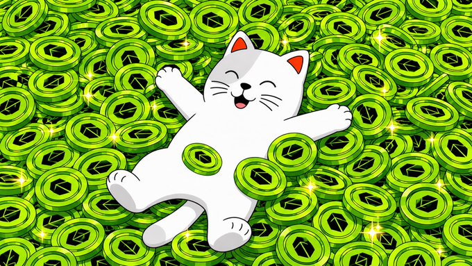 A cartoon illustration of a happy white cat with a coin on its belly, lying on its back amidst a massive pile of green cryptocurrency coins with diamond-shaped logos.