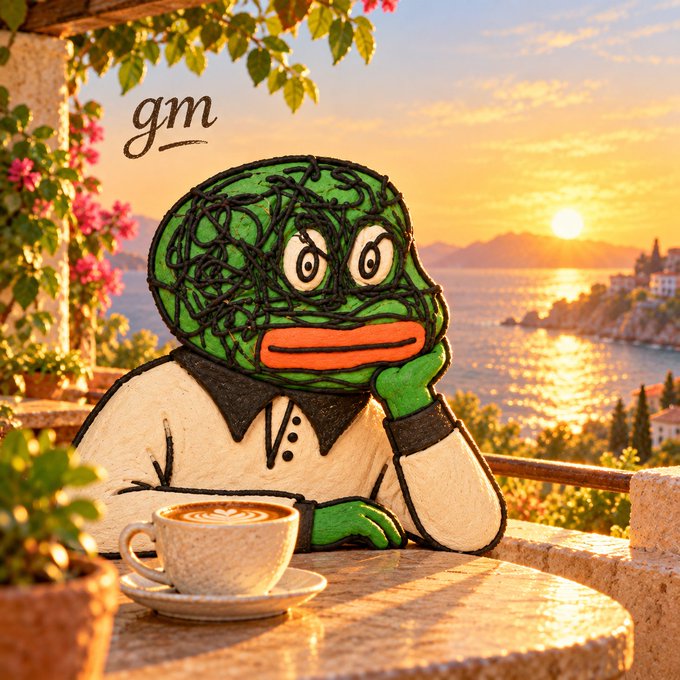 A green Pepe-like frog character wearing a black sweater sits at a seaside café table with a cappuccino at sunset, with "gm" written above. The relaxed setting and morning greeting mirror the post's calm, mindful tone of starting the day slowly.
