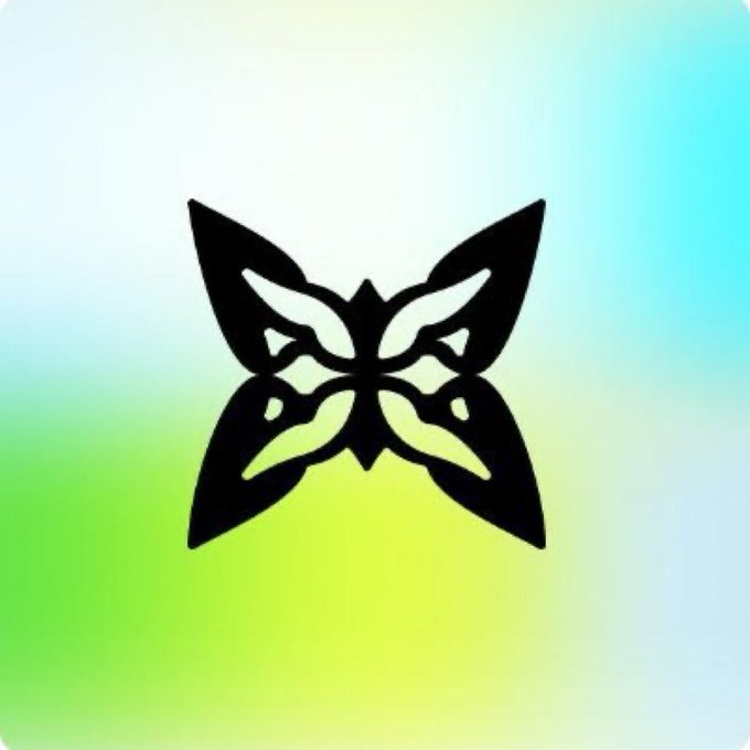 A black symmetrical butterfly or tribal-style logo/silhouette centered on a soft pastel gradient background blending green, yellow, blue, and pink hues.