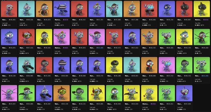 The image displays a grid of 48 colorful NFT avatars labeled "Wyn..." with various prices in WETH (ranging from approximately 0.0413 to 0.0508) on vibrant solid-color backgrounds, representing a collection of "Trippy Wyn" NFTs. This visual catalog of numerous trippy-styled Wyn characters illustrates the post's description of "Oregonguy" owning an "Army of Tier 1 Operator Trippy Wyn's," showcasing the large quantity and variety of these psychedelic-themed digital collectibles held by the user.