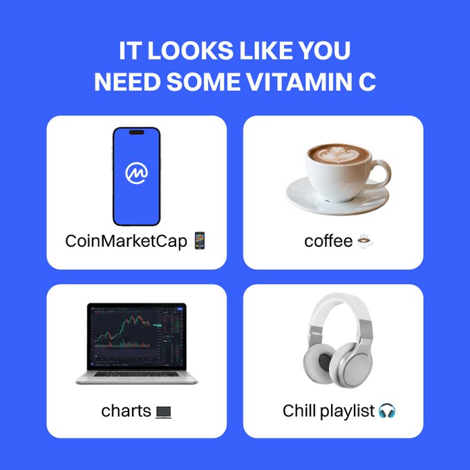 A blue graphic with the text "SKYCOOL APP - Install on your phone" features four images suggesting remedies for crypto trading stress: the CoinMarketCap app, coffee, a laptop showing charts, and headphones with a "Chill playlist."