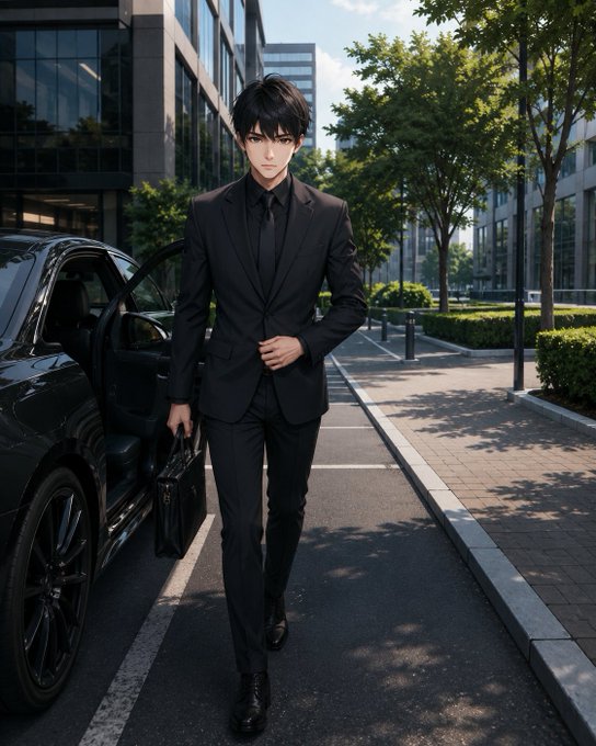 An anime-style illustration of a young man in a black suit holding a briefcase, stepping out of a black car on a city street.