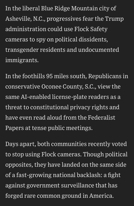 A news article excerpt discusses how progressives in Asheville, N.C. and Republicans in Oconee County, S.C. both voted to stop using Flock cameras due to concerns over government surveillance.