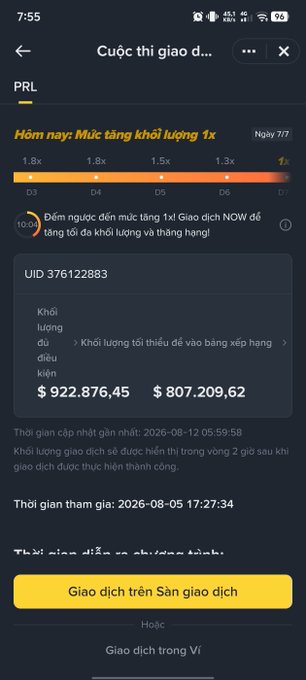 A Vietnamese language screenshot of a trading competition interface showing PRL token with 1x multiplier, UID 376122883, and trading volumes of $922,876.45 and $807,209.62.