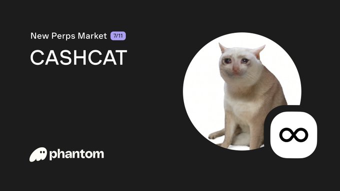 The image advertises a new perps market called "CASHCAT" on Phantom, featuring a meme of a sad cat. The "7/11" badge suggests it was launched on July 11th, and the infinity symbol likely represents unlimited leverage.