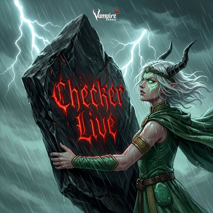 The image features a horned elven warrior in green armor holding a large dark stone inscribed with the red gothic text "Checker Live," set against a stormy sky with lightning, with "Vampire Saga" displayed at the top—promoting the live minting of the Checker NFT collection on OpenSea.