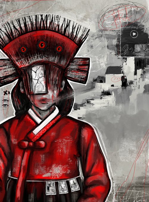 A dark, stylized digital painting of a figure in traditional red robes wearing an elaborate, spiked headdress that obscures the eyes, set against a grungy gray background with scribbled red marks.