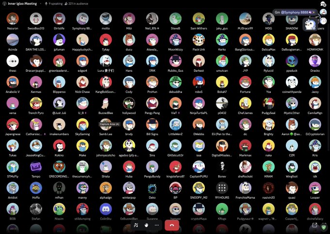 An 'Inner Igloo Meeting' voice chat with 9 speakers and 221 audience showing a large grid of colorful cartoon penguin avatars with names like Neuron, $weiBao313, and Dirtylife.