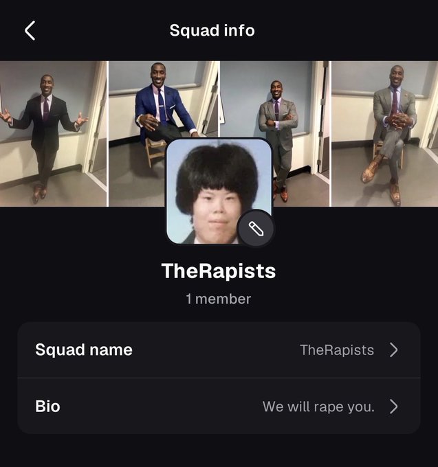 A "Squad info" screen on the PumpFun app shows a group named "TheRapists" with one member, featuring photos of a man in suits and a profile picture of a young man, with a threatening bio reading "We will rape you," which aligns with the post recruiting members to join this disturbing squad.