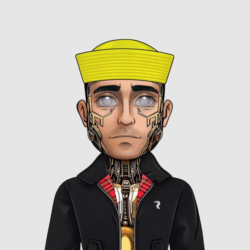 A stylized digital avatar of a person with a bright yellow pillbox-style hat, glowing light-blue eyes, and intricate gold cybernetic details on the face and neck, wearing a dark jacket over a futuristic mechanical collar. The image serves as a profile picture or community mascot representing "The Appréciators Community" celebrating a sweep on ApeCoin.