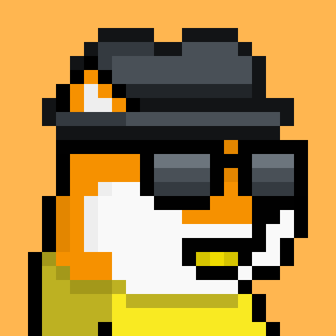 An 8-bit pixel art character with orange skin, sunglasses, a black cap, and yellow clothing against an orange background.
