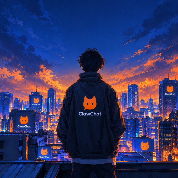 An anime-style scene of a person viewed from behind wearing a black jacket featuring an orange 'ClawChat' cat logo, overlooking a vibrant city skyline at sunset with matching 'ClawChat' advertisements on nearby buildings.