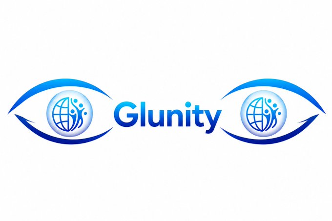 The 'Glunity' logo featuring the text in blue between two stylized blue eyes containing globe patterns.