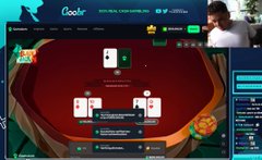 Screenshot of an online card game website 'Coolr' with green background, poker table layout, and a person visible in the top right corner.