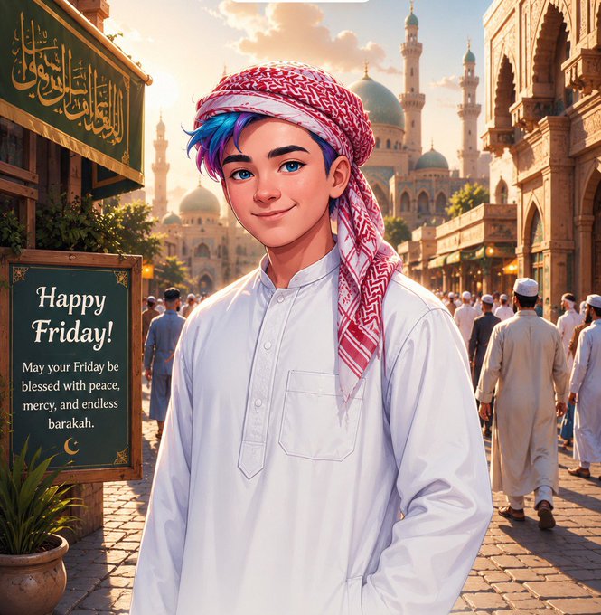 An anime-style illustration of a smiling young man with blue and purple hair wearing a red and white keffiyeh and white thobe, set against a Middle Eastern cityscape with a 'Happy Friday!' sign wishing peace, mercy, and barakah.