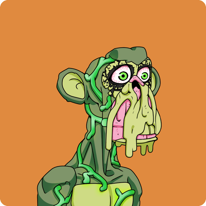 A cartoon illustration of a green, grotesque zombie-like figure with bulging pink eyes and dripping green slime on an orange background.