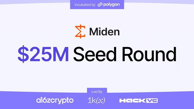A promotional graphic announcing a '$25M Seed Round' for 'Miden', incubated by Polygon and led by a16z crypto, 1kx, and HACK VC.
