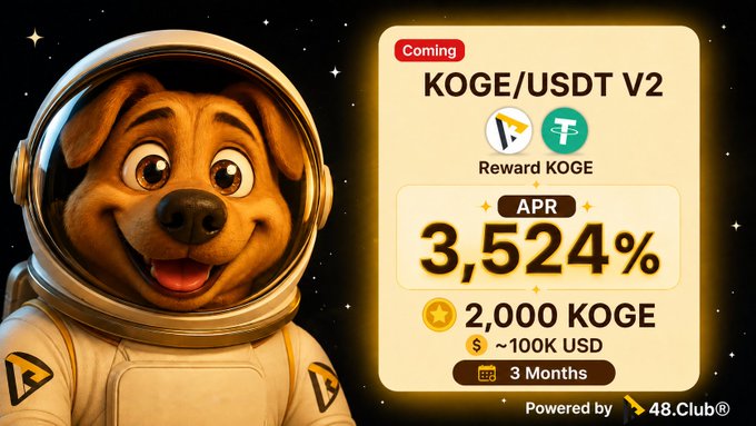 A cheerful cartoon dog in a gold spacesuit stands beside a promotional card announcing the new **KOGE/USDT V2** farm by 48Club, featuring an initial APR of 3,524%, 2,000 KOGE rewards (~US$100K), and a 3-month duration starting August 25th at 10:30 AM UTC+8, coinciding with the Pasteur Hardfork on BSC mainnet.