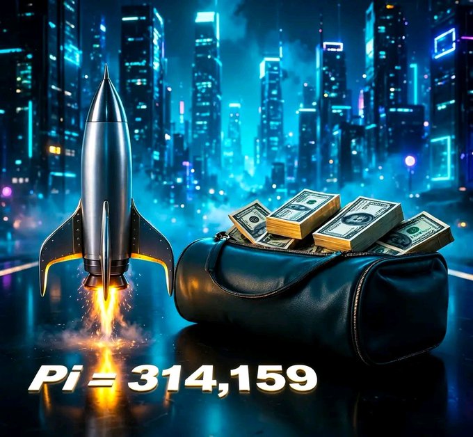 A sleek rocket lifts off beside an overflowing duffel bag of cash against a glowing cyberpunk skyline, while the bold text "Pi = 314,159" anchors the scene—visually promoting Pi Network's claimed $314,159 valuation as a historic, world-uniting consensus on the cryptocurrency's worth.