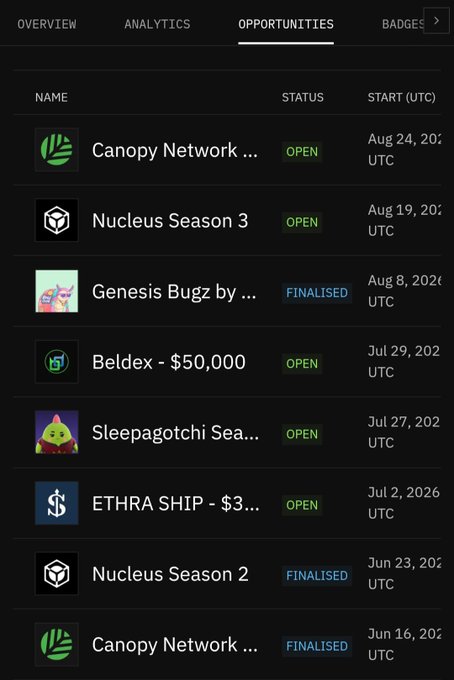 A dark-themed mobile app interface showing an 'Opportunities' tab with entries including 'Canopy Network', 'Nucleus Season 3', 'Genesis Bugz by...', 'Beldex - $50,000', and 'Sleepagotchi Sea...', displaying 'OPEN' and 'FINALISED' statuses with August and July 2026 dates.