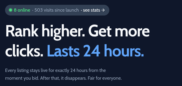 A dark promotional graphic states 'Rank higher. Get more clicks. Lasts 24 hours.' with subtext 'Every listing stays live for exactly 24 hours from the moment you bid. After that, it disappears. Fair for everyone.' A top banner shows '8 online · 503 visits since launch · see stats'.