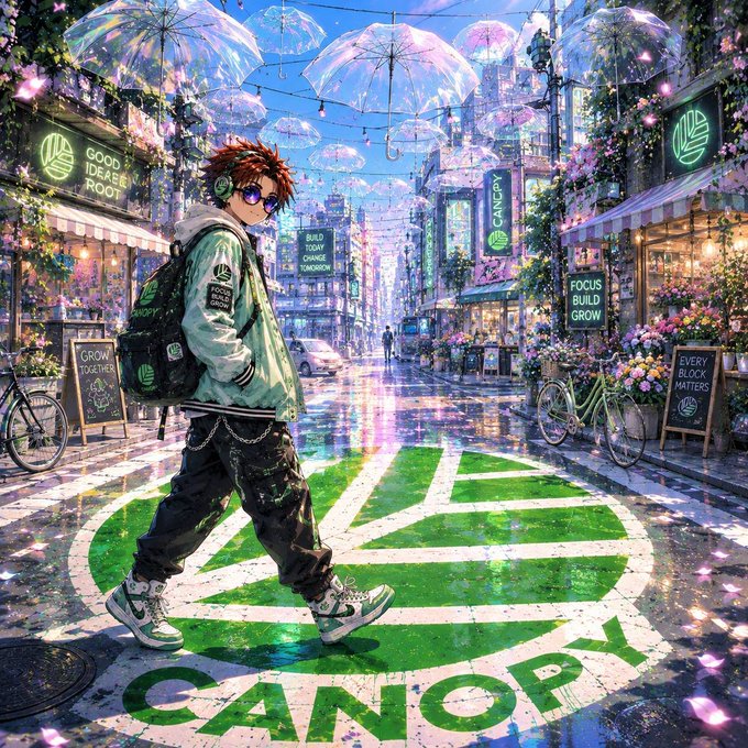 An anime-style character walks across a wet city street emblazoned with a large green leaf logo and the text "CANOPY," surrounded by transparent umbrellas floating overhead and signs reading "FOCUS BUILD GROW," "GOOD IDEAS ROOT," and "GROW TOGETHER," visually echoing the post's themes of growth, infrastructure, and Canopy's expansion through its Tanssi acquisition.
