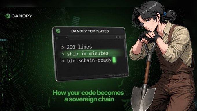 A promotional graphic for 'Canopy Templates' featuring an anime-style character with a shovel, listing features like '200 lines', 'ship in minutes', and 'blockchain-ready' with the tagline 'How your code becomes a sovereign chain.'