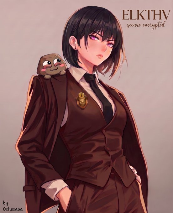 An anime-style illustration shows a girl with short black hair and purple eyes wearing a brown suit and tie, with a small smiling rock character resting on her shoulder; text reads 'ELKTHV secure encrypted' and 'by 0xhexaaa'.