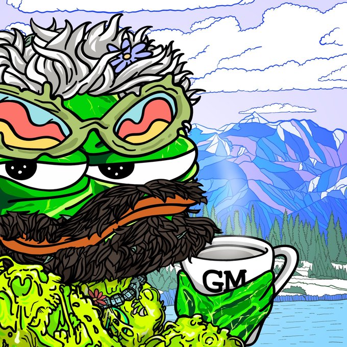 A cartoon illustration features a green frog character with grey hair, colorful sunglasses, and a brown mustache holding a white mug labeled 'GM' against a mountain landscape.