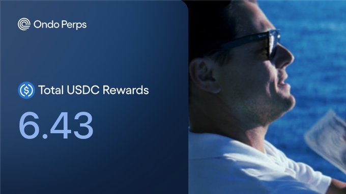A promotional image for 'Ondo Perps' showing a man in sunglasses looking toward water, displaying 'Total USDC Rewards' of '6.43'.