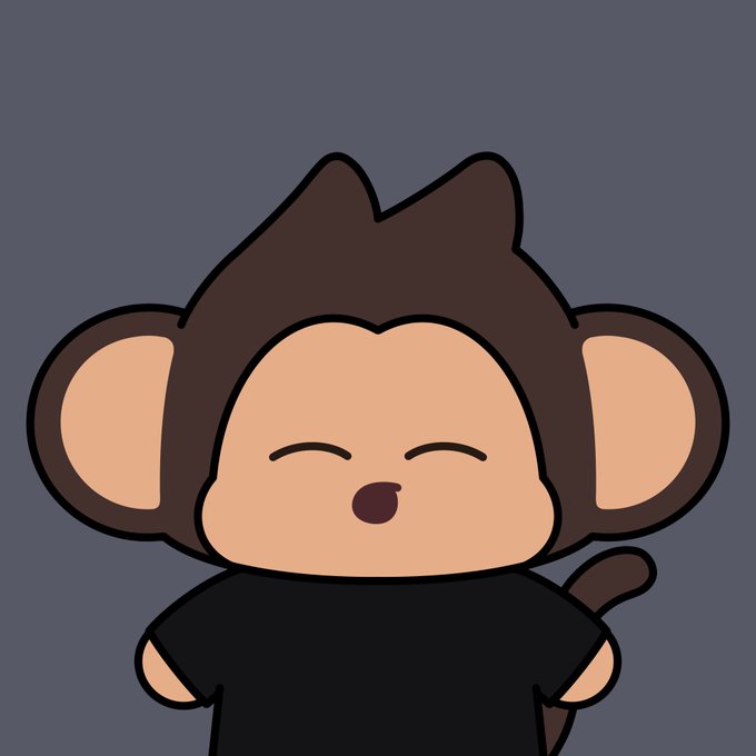 A cute cartoon illustration of a smiling monkey character wearing a black shirt against a dark blue background.