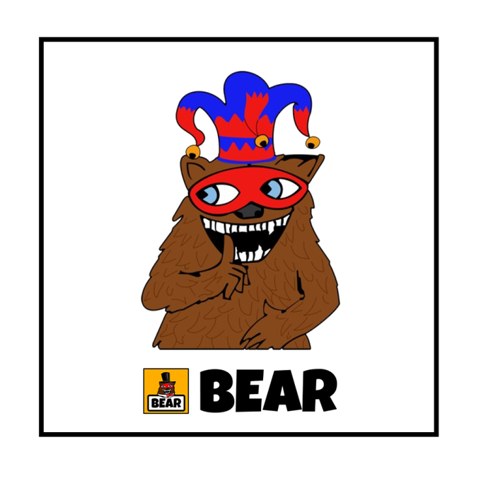 A cartoon illustration of a brown bear wearing a red domino mask and a blue and red jester hat, smiling with visible teeth, accompanied by a 'BEAR' logo featuring a Heinz-style ketchup bottle.