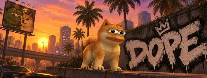 An animated illustration depicts the Cheems dog meme wearing a gold chain, standing in a graffiti-covered urban setting at sunset next to the word 'DOPE', with a billboard showing Pepe and Doge in the background.