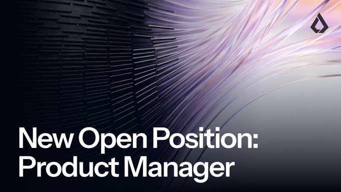 The image features a banner with white text that reads "New Open Position: Product Manager". The background of the image is black, but there are purple lines running through it, creating an interesting visual effect. The banner is placed above a photo of a product design or a product itself, which is not visible in the image description provided.