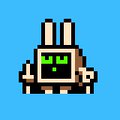 A pixel art image of a small robot-like character with a green screen face on a blue background.