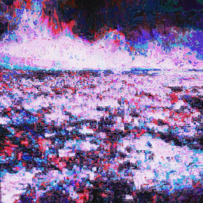 An abstract expressionist painting with vibrant splashes of purple, pink, blue, red, and white colors creating a landscape-like composition.