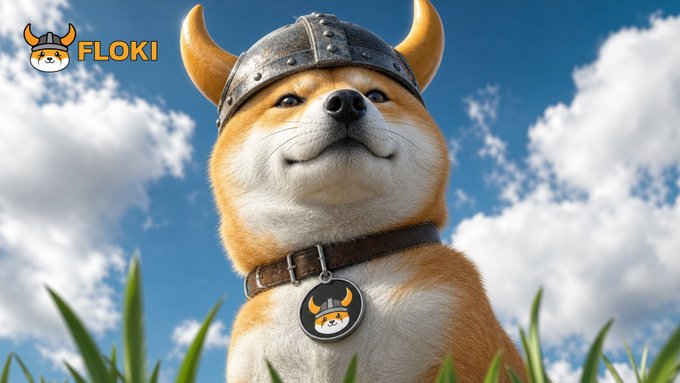 A proud-looking Shiba Inu wearing a viking-style horned helmet sits in a grassy field under a blue, cloudy sky, with the "FLOKI" logo and mascot displayed in the corner. The image embodies the post's compliment of "Isn't he handsome?" by showcasing the FLOKI mascot as a strong, regal-looking warrior dog.