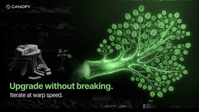 Canopy promotional graphic featuring a glowing green tree growing from a tree stump with the tagline 'Upgrade without breaking. Iterate at warp speed.'