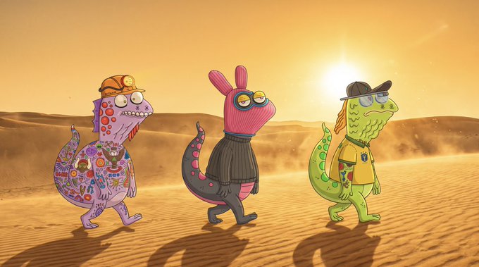 A digital illustration of three anthropomorphic cartoon lizards wearing hats and goggles walking across a desert landscape at sunset, each with a distinct color and outfit.