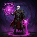 A fantasy character with white hair in dark armor wielding glowing pink/purple magic energy, set against a dark background.