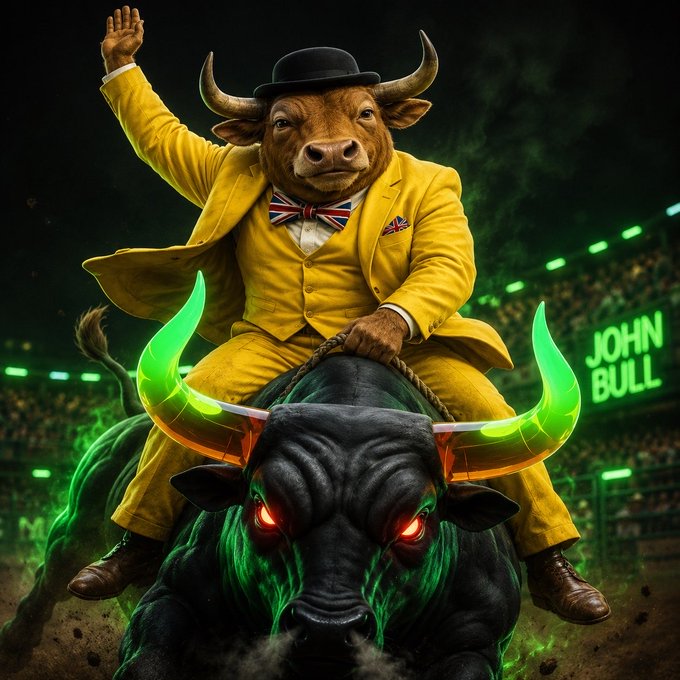 Digital artwork of a bull wearing a yellow suit and bowler hat riding a dark bull with glowing green horns and red eyes in a bullfighting arena, with 'JOHN BULL' text visible in the background.